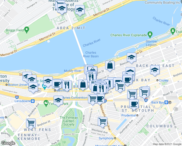 map of restaurants, bars, coffee shops, grocery stores, and more near 559 Massachusetts 2A in Boston
