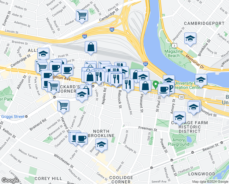 map of restaurants, bars, coffee shops, grocery stores, and more near 20 Winslow Road in Brookline