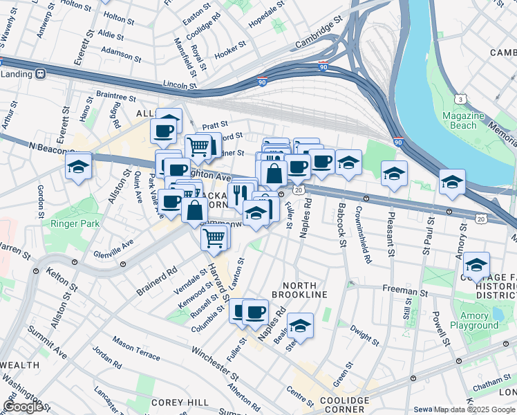 map of restaurants, bars, coffee shops, grocery stores, and more near 1131 Commonwealth Avenue in Boston