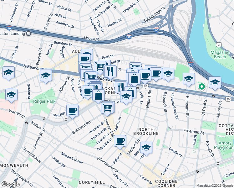 map of restaurants, bars, coffee shops, grocery stores, and more near 11 Chester Street in Boston