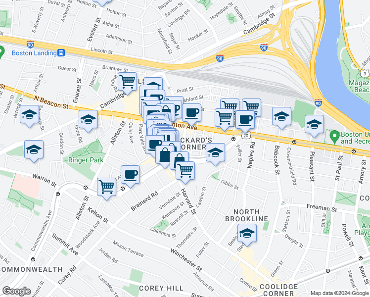 map of restaurants, bars, coffee shops, grocery stores, and more near 1197 Commonwealth Avenue in Boston