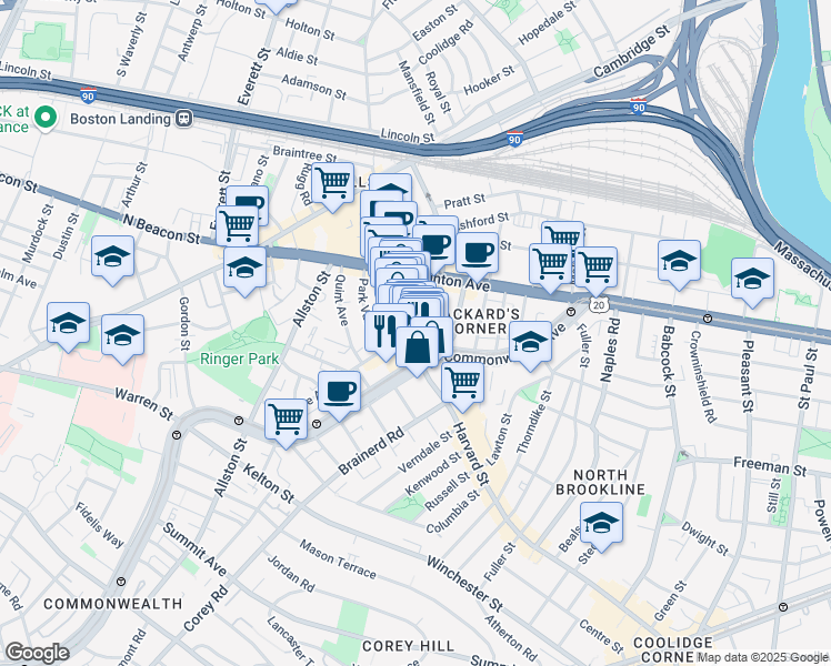 map of restaurants, bars, coffee shops, grocery stores, and more near 1245 Commonwealth Avenue in Boston
