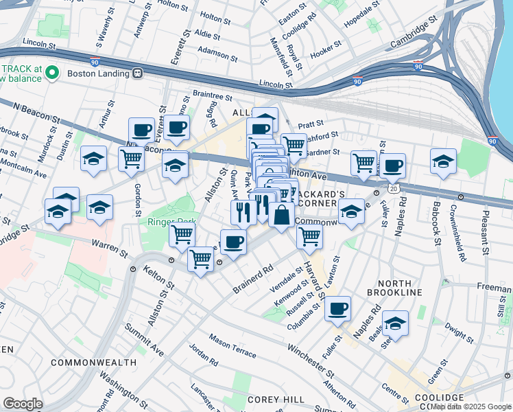 map of restaurants, bars, coffee shops, grocery stores, and more near 10-14 Park Vale Avenue in Boston