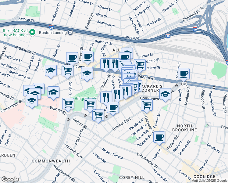 map of restaurants, bars, coffee shops, grocery stores, and more near 17 Radcliffe Road in Boston