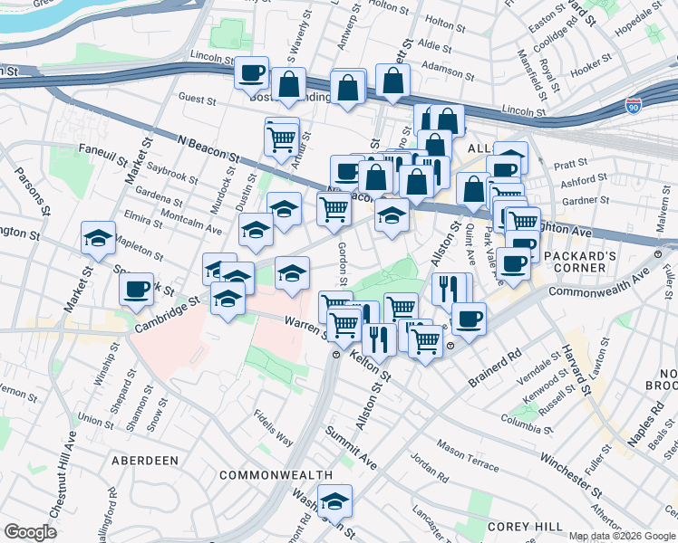 map of restaurants, bars, coffee shops, grocery stores, and more near 59 Gordon Street in Boston
