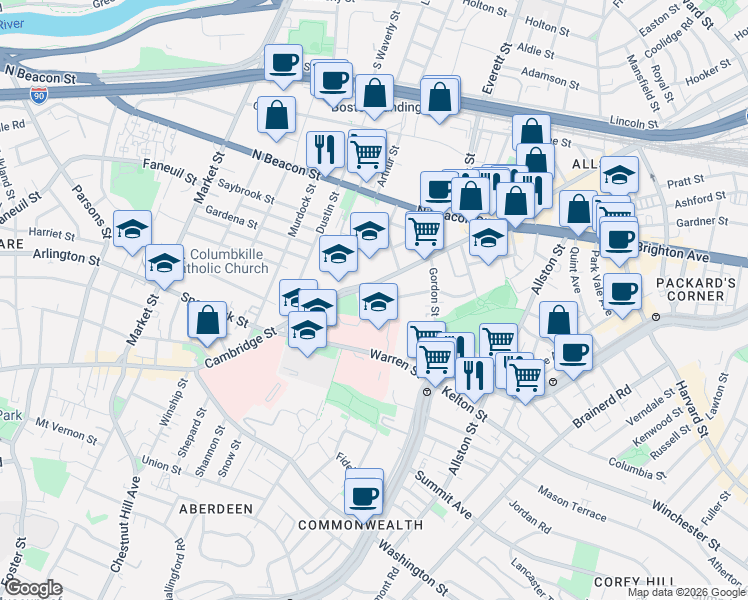 map of restaurants, bars, coffee shops, grocery stores, and more near 40B Ridgemont Street in Boston
