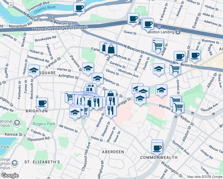 map of restaurants, bars, coffee shops, grocery stores, and more near 15 Sparhawk Street in Boston