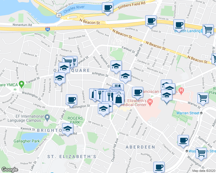 map of restaurants, bars, coffee shops, grocery stores, and more near 55 Leicester Street in Boston