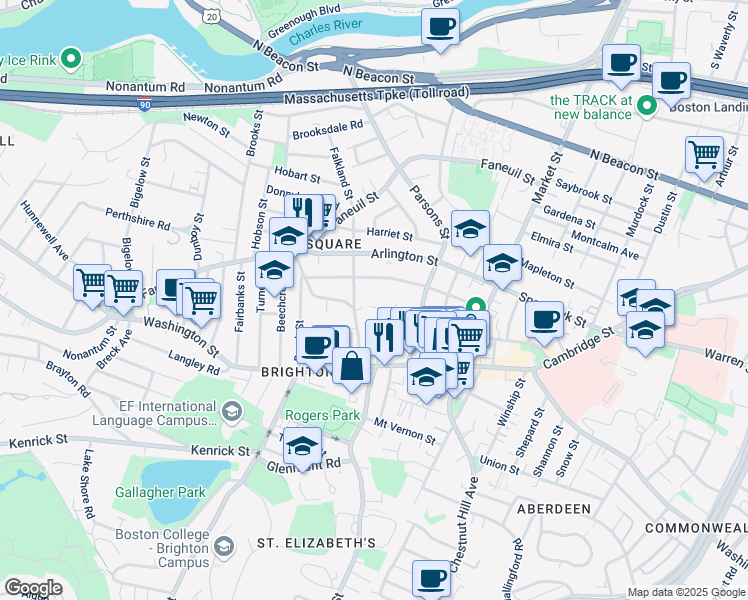 map of restaurants, bars, coffee shops, grocery stores, and more near 87 Surrey Street in Boston