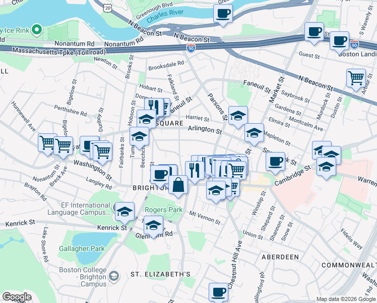 map of restaurants, bars, coffee shops, grocery stores, and more near 87 Surrey Street in Boston