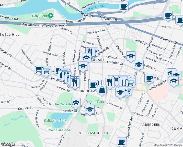 map of restaurants, bars, coffee shops, grocery stores, and more near 59 Brock Street in Boston