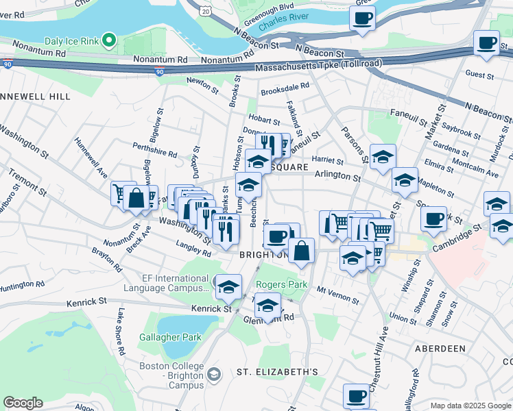 map of restaurants, bars, coffee shops, grocery stores, and more near 50 Beechcroft Street in Boston