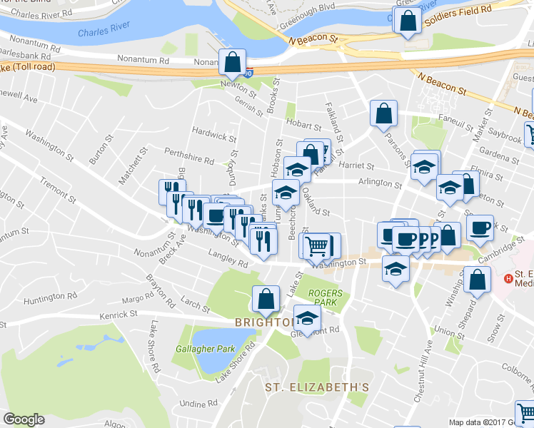 map of restaurants, bars, coffee shops, grocery stores, and more near 52 Fairbanks Street in Boston