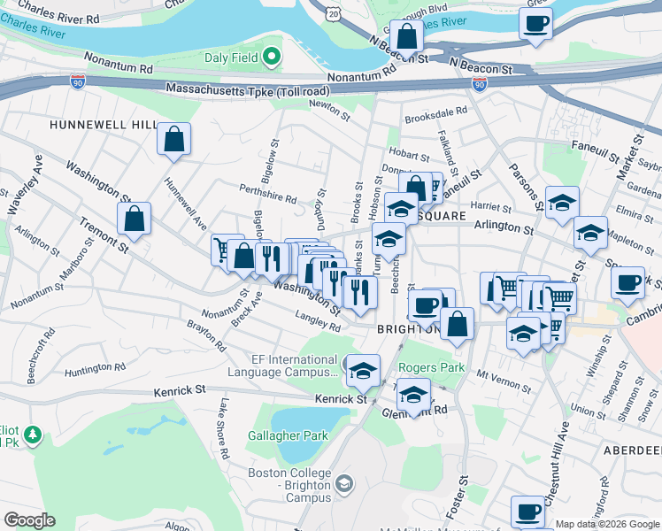map of restaurants, bars, coffee shops, grocery stores, and more near 25-27 Montfern Avenue in Boston