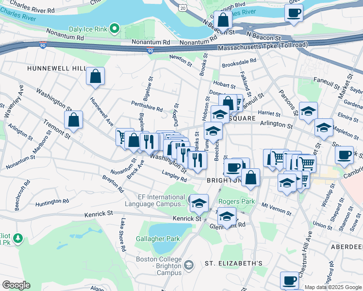 map of restaurants, bars, coffee shops, grocery stores, and more near 25-27 Montfern Avenue in Boston