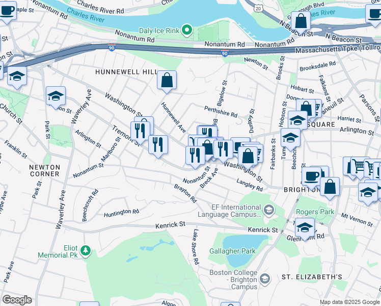 map of restaurants, bars, coffee shops, grocery stores, and more near 11 Tip Top Street in Boston
