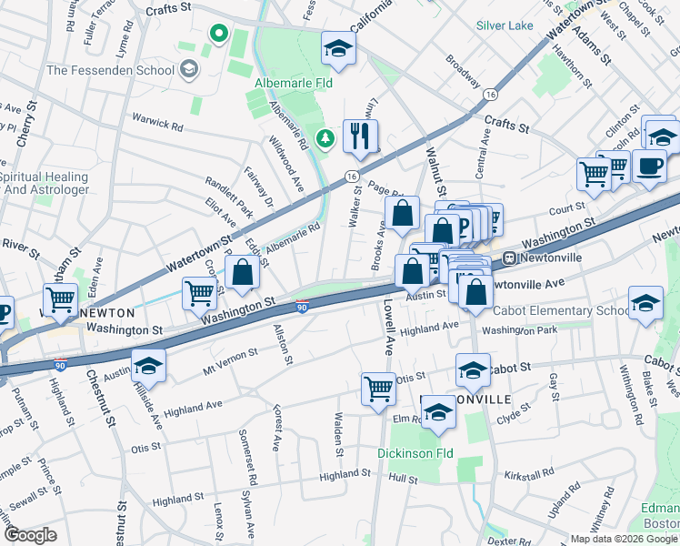 map of restaurants, bars, coffee shops, grocery stores, and more near 973 Washington Street in Newton