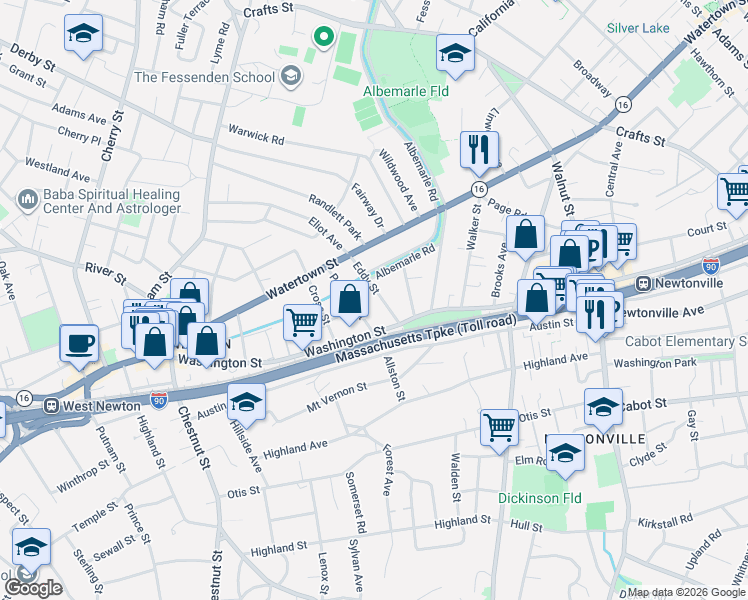 map of restaurants, bars, coffee shops, grocery stores, and more near 50 Parsons Street in Newton