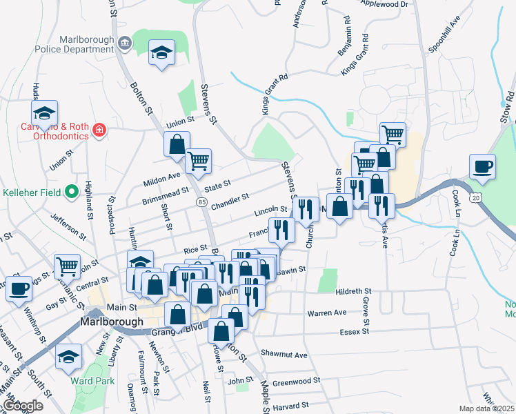 map of restaurants, bars, coffee shops, grocery stores, and more near 34 Lincoln Street in Marlborough