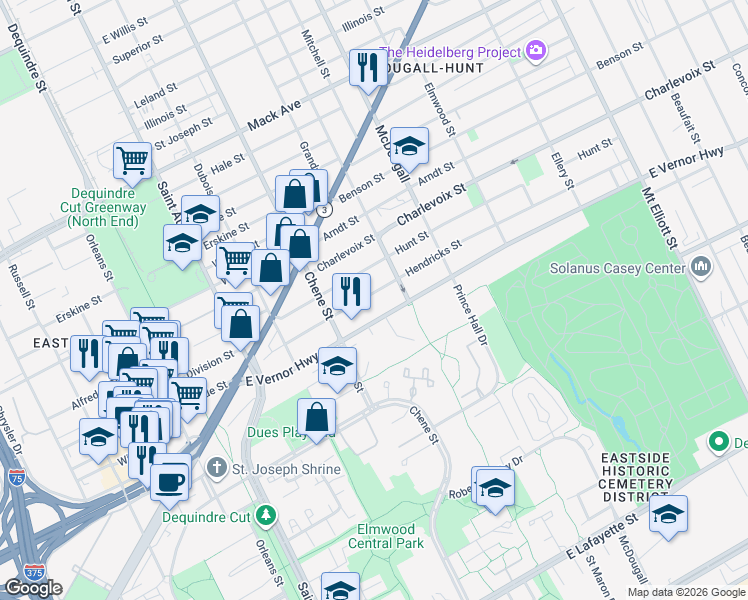 map of restaurants, bars, coffee shops, grocery stores, and more near 2662 Hendricks Street in Detroit