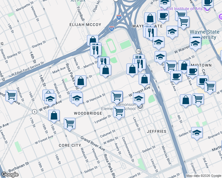map of restaurants, bars, coffee shops, grocery stores, and more near 1534 West Hancock Street in Detroit
