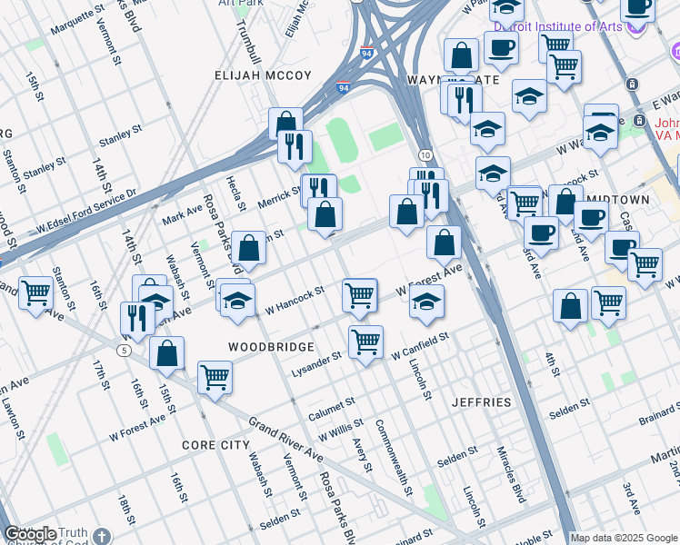 map of restaurants, bars, coffee shops, grocery stores, and more near 1534 West Hancock Street in Detroit