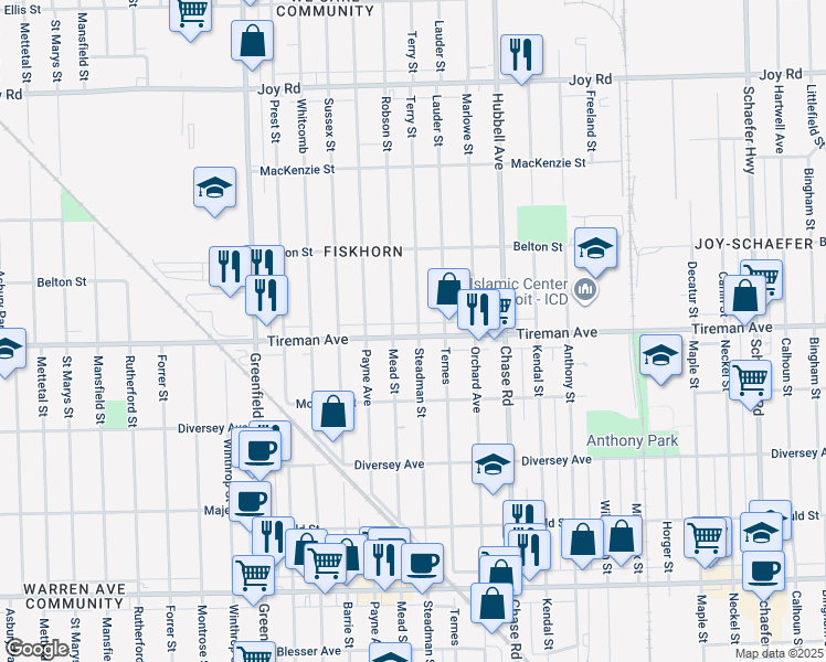 map of restaurants, bars, coffee shops, grocery stores, and more near 14841 Tireman Avenue in Detroit