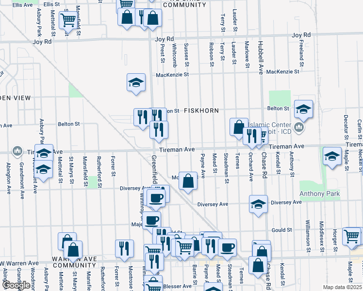 map of restaurants, bars, coffee shops, grocery stores, and more near 15301 Tireman Avenue in Detroit