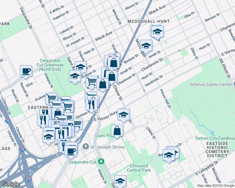 map of restaurants, bars, coffee shops, grocery stores, and more near 2260 Hunt Street in Detroit
