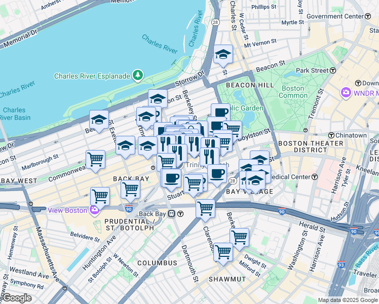 map of restaurants, bars, coffee shops, grocery stores, and more near 501 Boylston Street in Boston