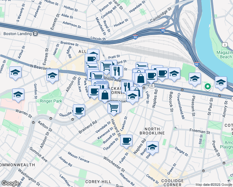 map of restaurants, bars, coffee shops, grocery stores, and more near 11 Chester Street in Boston