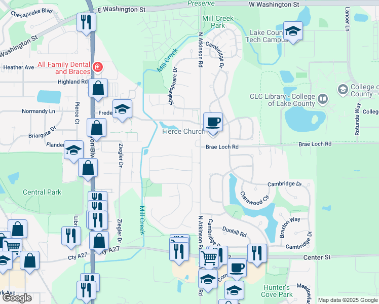 map of restaurants, bars, coffee shops, grocery stores, and more near 525 Bristol Lane in Grayslake