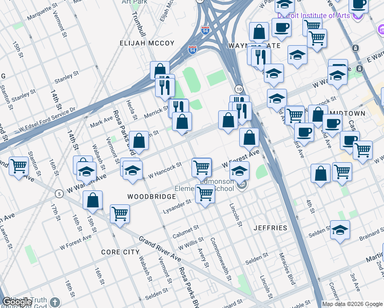 map of restaurants, bars, coffee shops, grocery stores, and more near 1534 West Hancock Street in Detroit