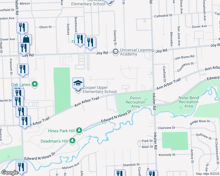 map of restaurants, bars, coffee shops, grocery stores, and more near 28205 Merritt Drive in Westland