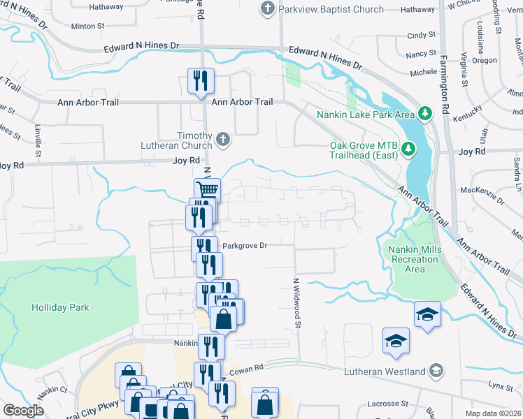 map of restaurants, bars, coffee shops, grocery stores, and more near 34604 Fountain Boulevard in Westland