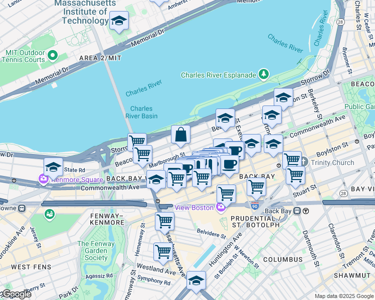 map of restaurants, bars, coffee shops, grocery stores, and more near 11 Gloucester Street in Boston