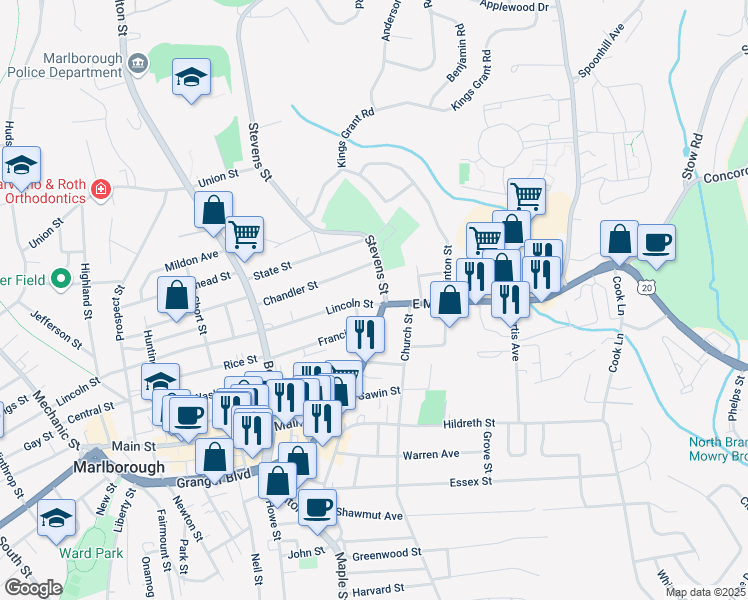 map of restaurants, bars, coffee shops, grocery stores, and more near 5 Lincoln Street in Marlborough