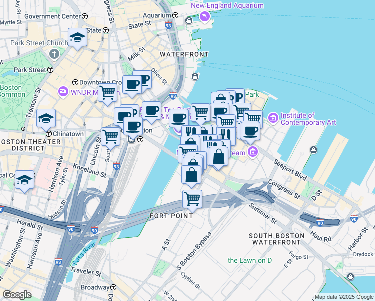 map of restaurants, bars, coffee shops, grocery stores, and more near 305 Congress Street in Boston