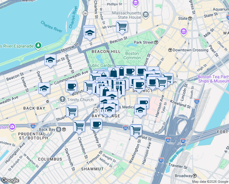 map of restaurants, bars, coffee shops, grocery stores, and more near in Boston