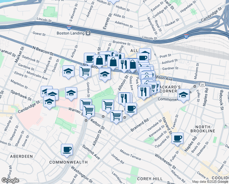 map of restaurants, bars, coffee shops, grocery stores, and more near 8 Griggs Place in Allston