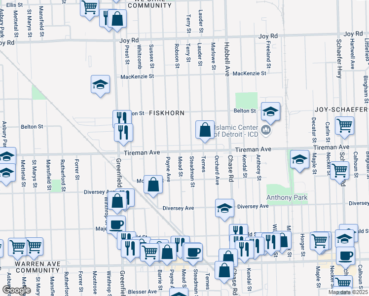 map of restaurants, bars, coffee shops, grocery stores, and more near 14926 Tireman Avenue in Detroit