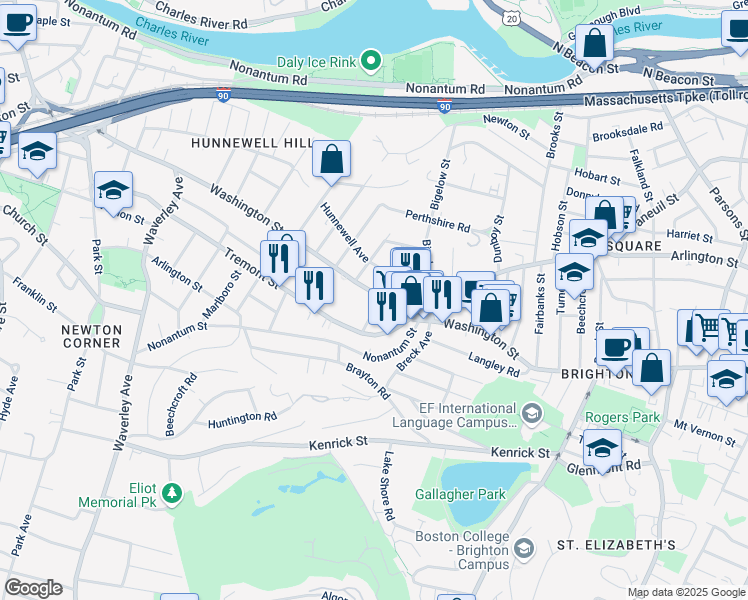 map of restaurants, bars, coffee shops, grocery stores, and more near 11 Tip Top Street in Boston