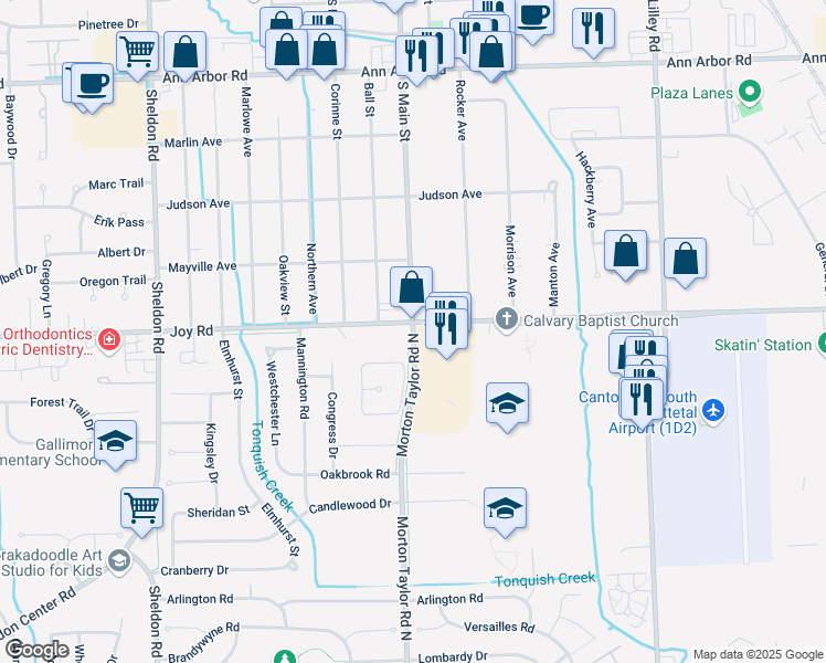 map of restaurants, bars, coffee shops, grocery stores, and more near 43443 Joy Road in Canton