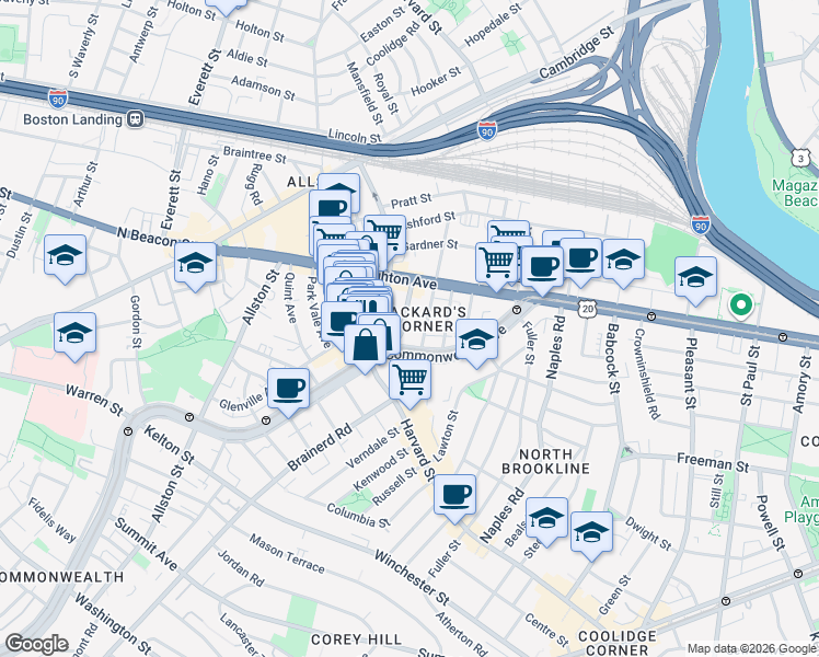 map of restaurants, bars, coffee shops, grocery stores, and more near 1197 Commonwealth Avenue in Boston