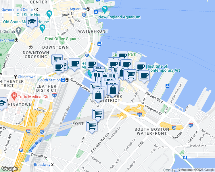 map of restaurants, bars, coffee shops, grocery stores, and more near 12 Farnsworth Street in Boston