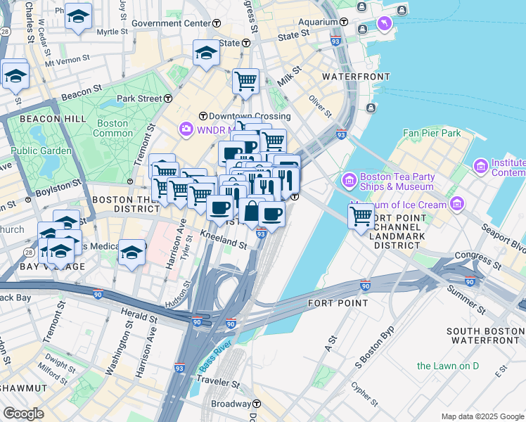 map of restaurants, bars, coffee shops, grocery stores, and more near 711 Atlantic Avenue in Boston