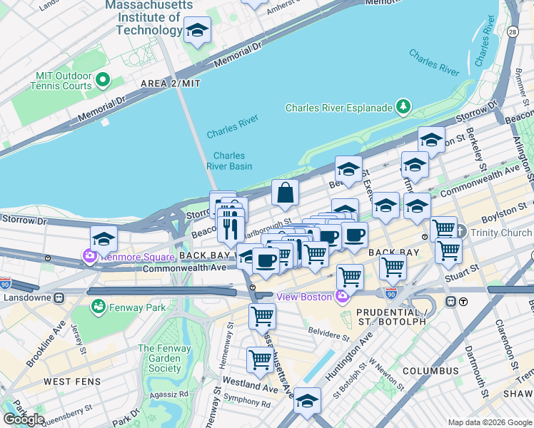 map of restaurants, bars, coffee shops, grocery stores, and more near 18 Hereford Street in Boston