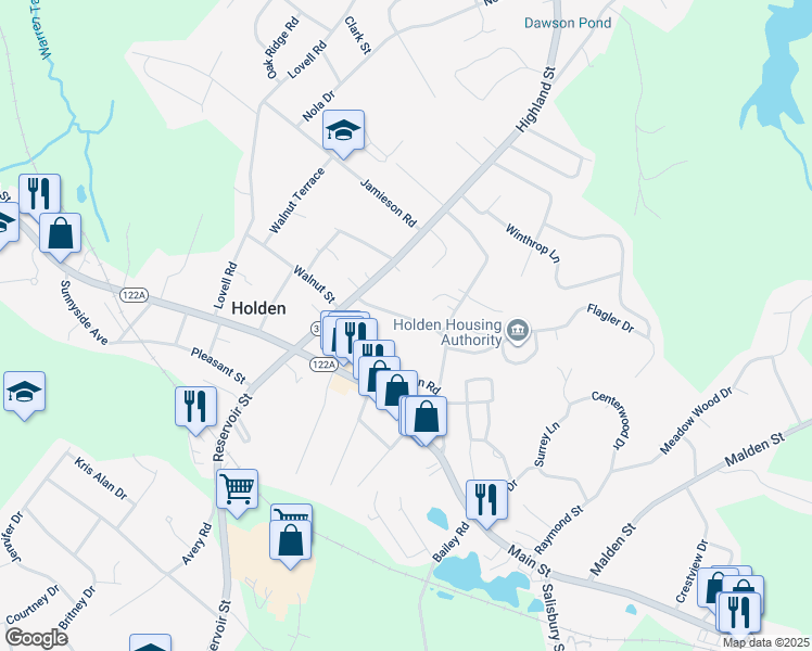 map of restaurants, bars, coffee shops, grocery stores, and more near 37 Phillips Road in Holden