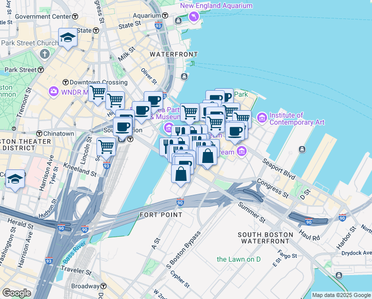 map of restaurants, bars, coffee shops, grocery stores, and more near 310-316 Congress Street in Boston