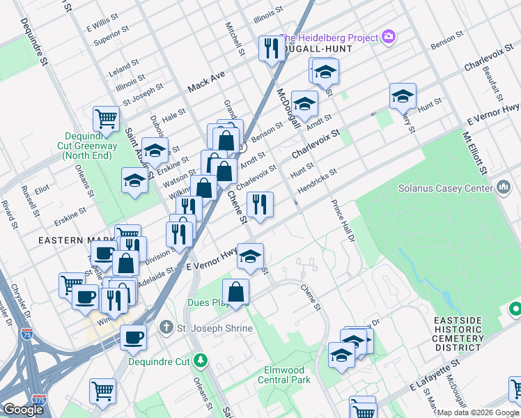 map of restaurants, bars, coffee shops, grocery stores, and more near 2662 Hendricks Street in Detroit